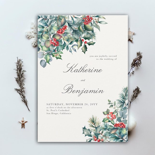 Formal Winter Botanicals Red Berry Elegant Wedding Invitation (elegant winter wedding invitation botanical frame formal traditional modern classic red berries)
