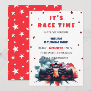 Formula Race Car Red Smoke Stars F1 Birthday Invitation