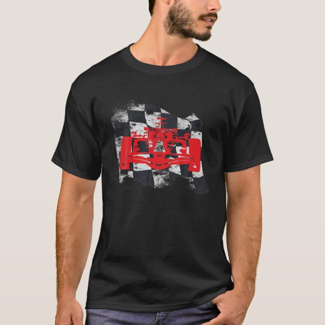 Formula Racing Fan Car Silhouette On Chequered Fla T-Shirt (Front)