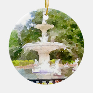 Forsyth Fountain in Savannah GA Watercolor Print Ceramic Tree Decoration
