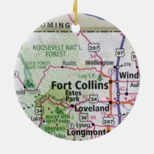 Fort Collins and Estes Park Map Ceramic Tree Decoration