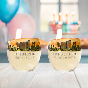 Fort Lauderdale Skyline & Coordinates Stemless Wine Glass