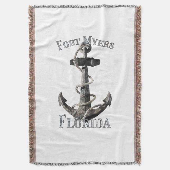 Fort Myers Florida Vacation Nautical Anchor Sailin Throw Blanket (Front Vertical)