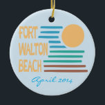 Fort Walton Beach custom date ornament<br><div class="desc">Fort Walton Beach,  Florida,  with a modern geometric sun on the beach design in the colours of sun,  sky,  sea,  and sand,  celebrating this gorgeous Florida beach. Change the text with the date to match your memories,  or delete it if you don't need it.</div>