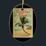 Fort Walton Beach Palm Tree Vintage Travel Ceramic Tree Decoration<br><div class="desc">A uniquely retro mid-century modern Fort Walton Beach Florida art print in vintage travel poster style. It features a curved palm tree on sandy beach with ocean under a blue cloudy sky.</div>