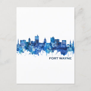 Fort Wayne Indiana Skyline Blue Holiday Postcard