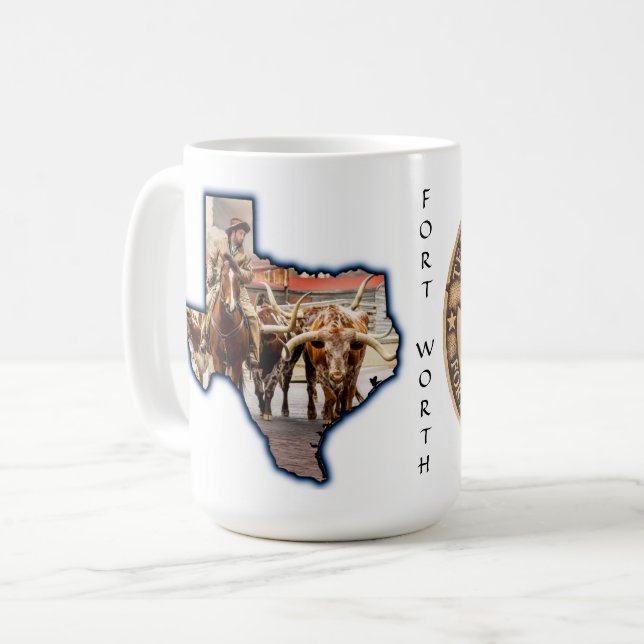 Fort Worth Stock Yards Texas Graphic on white, Mug (Front Left)