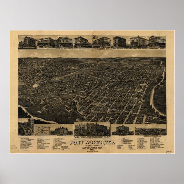 Fort Worth Texas 1886 Antique Panoramic Map Poster (Front)