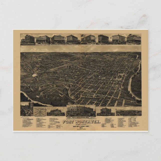 Fort Worth, Texas Birds Eye View 1886 Postcard (Front)