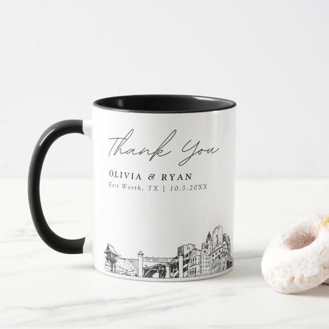 Fort Worth Texas Sketch Simple Custom Wedding Mug (With Donut)