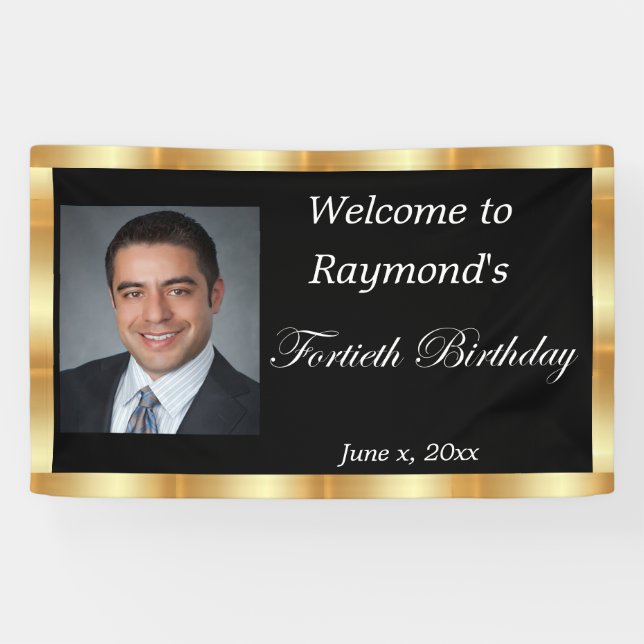 Fortieth Birthday, Gold Foil, Black Banner (Horizontal)