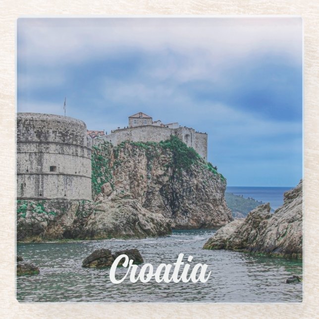 Fortress walls, rocky coast and sea in Croatia Glass Coaster (Front)