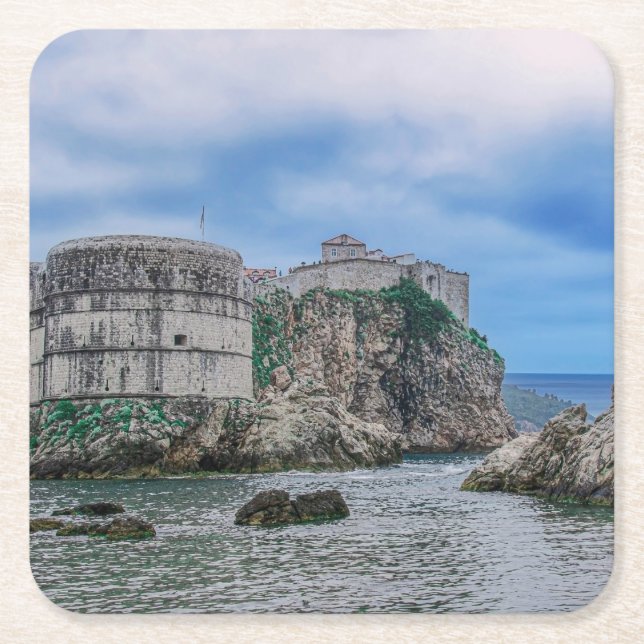 Fortress walls, rocky coast and sea in Croatia Square Paper Coaster (Front)