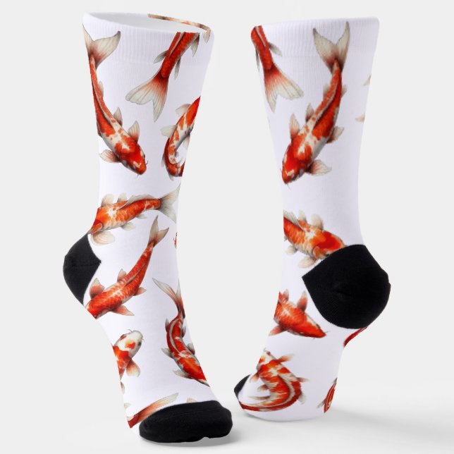 Fortune fish, swimming koi, watercolor socks (Angled)