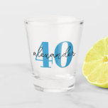 Forty 40th birthday age modern script  shot glass<br><div class="desc">Personalised 40th birthday shot glass with blue age text and modern script name.  Colours and fonts can be changed if required.</div>