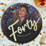 Forty 40th Birthday custom photo script gold Paper Plate<br><div class="desc">Forty gold affect script text photo party plates. Personalise this 40th birthday party script photo birthday plate with your own birthday girls name and a photo of your birthday girl. Other years and matching items are available. © Original design by Sarah Trett for www.mylittleeden.com on Zazzle.</div>