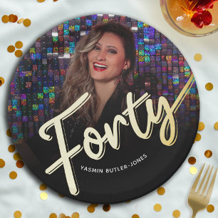 Forty 40th Birthday custom photo script gold Paper Plate