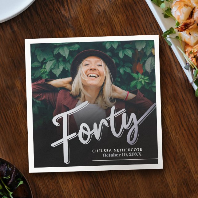 Forty 40th Birthday custom photo script silver Napkin (Creator Uploaded)