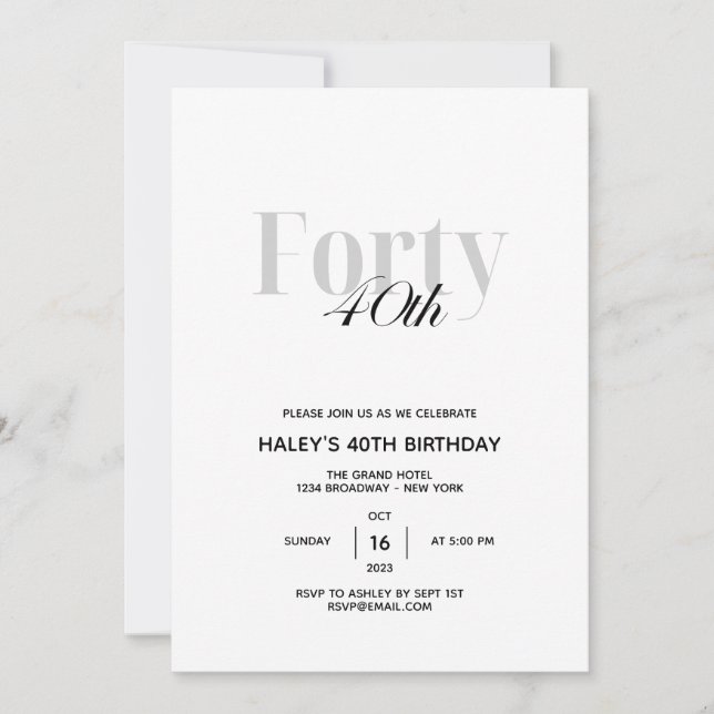Forty - 40th Birthday Party Black & White Chic Inv Invitation (Front)