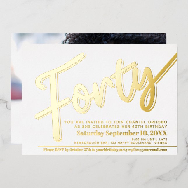 Forty 40th Birthday party white with gold script (Front/Back)