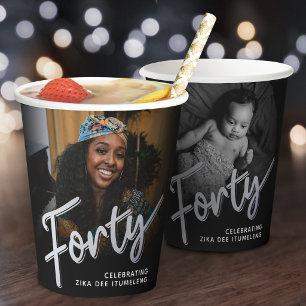 Forty 40th Birthday photo script black silver Paper Cups