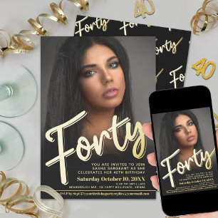 Forty 40th Birthday photo script flat gold colour Invitation