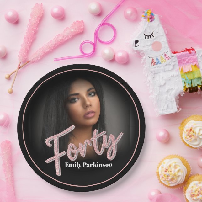 Forty 40th Birthday photo script rose pink custom Paper Plate (Party)