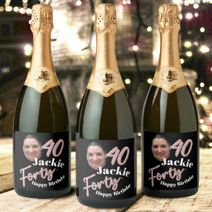 Forty 40th Birthday photo script rose pink Sparkling Wine Label