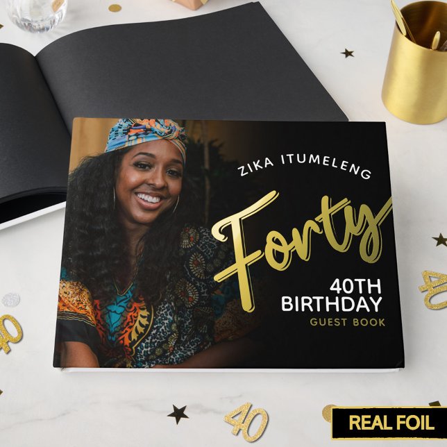 Forty 40th birthday photos black gold guest book (Creator Uploaded)