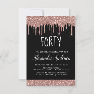 Forty - 40th Rose Gold Black Glitter Birthday Invitation