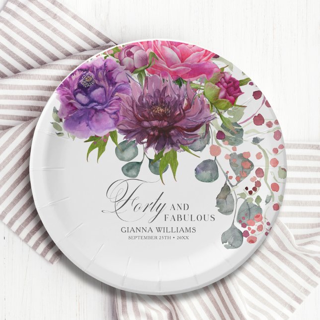 Forty and Fabulous Elegant Floral 40th Birthday Paper Plate (Creator Uploaded)