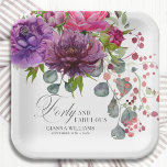 Forty and Fabulous Elegant Floral 40th Birthday Paper Plate<br><div class="desc">Forty and Fabulous Elegant Floral 40th Birthday Party Paper Plates features a stylish watercolor flower bouquet in pink,  purple and burgundy with greenery. Simply add your custom text for your fortieth birthday party. Personalised by editing the text in the text boxes provided. Designed by ©Evco Studio www.zazzle.com/store/evcostudio</div>