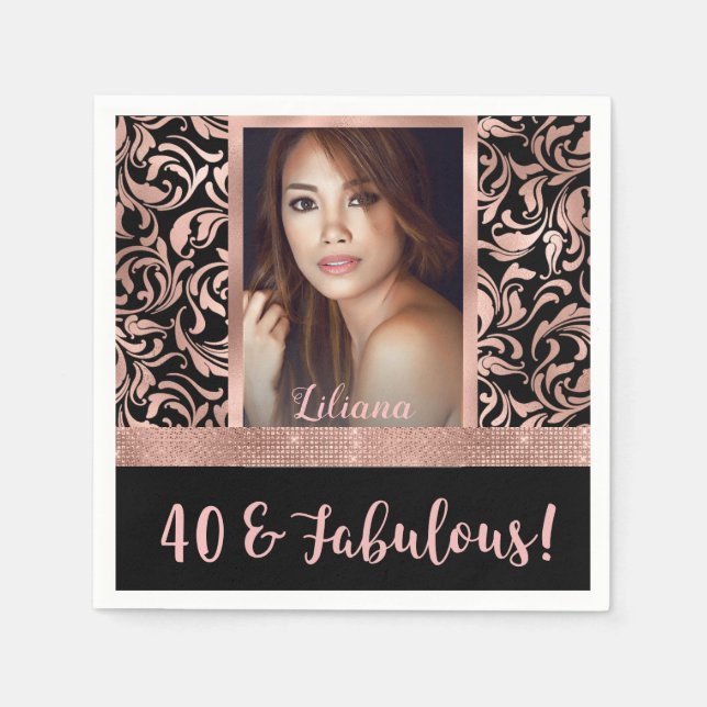 Forty and Fabulous rose gold damask 40th Birthday Napkin (Front)