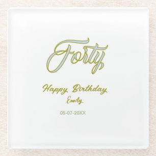 forty birthday name date blue green pastel trendy glass coaster
