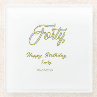 forty birthday name date blue green pastel trendy  glass coaster