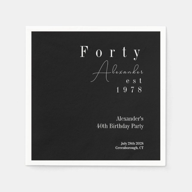 Forty Black and White 40th Birthday Party Napkin (Front)