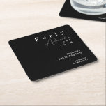 Forty Black and White 40th Birthday Party Square Paper Coaster<br><div class="desc">This is a modern and stylish, personalised 40th birthday party design. It is a simple, minimal design, in classic black and white typography. It has "Forty" and space you to add your name in stylish script typography, year established and party information. Perfect for a cool and fun, 40th birthday party...</div>