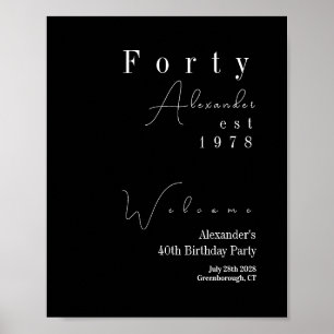 Forty Black and White 40th Birthday Party Welcome Poster