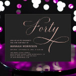 Forty Black Rose Gold Script 40th Birthday Invitation<br><div class="desc">Celebrate a monumental milestone with the Forty Rose Gold & Black Script 40th Birthday Invitation. Featuring elegant rose gold script on a sleek black background, this invitation exudes sophistication and style. Perfect for a chic 40th birthday celebration, it’s designed to set the tone for an unforgettable event with its modern...</div>