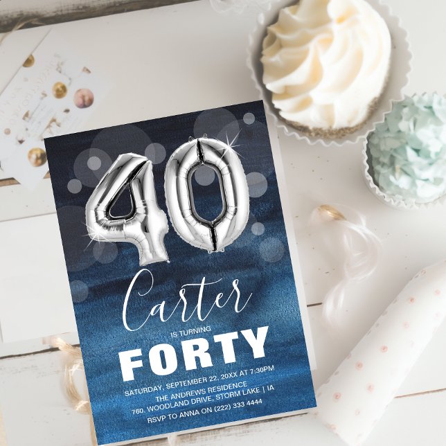 Forty Blue & Silver Balloons 40th Birthday Invitation (Creator Uploaded)