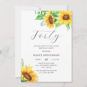 Forty Chic Yellow Sunflower Floral 40th Birthday Invitation