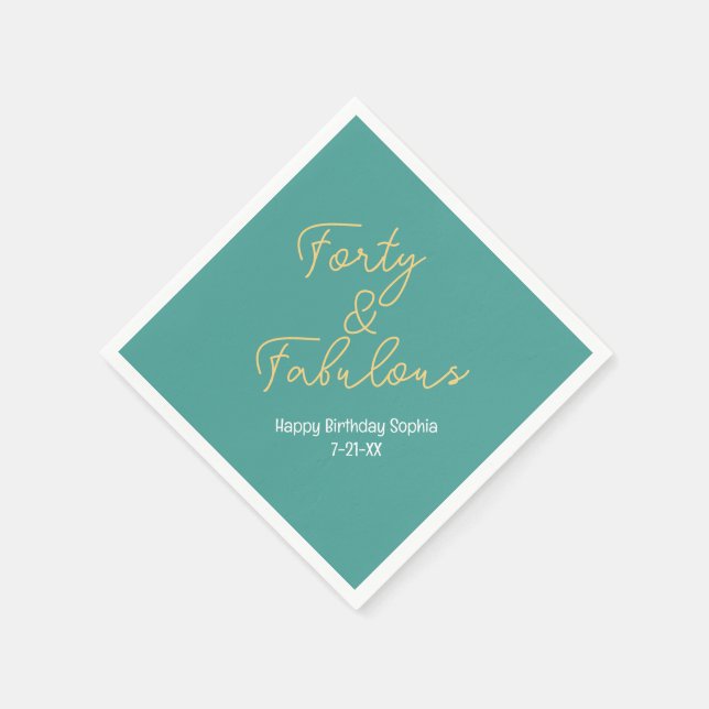 Forty & Fabulous, Birthday Name Date, Teal/Gold Napkin (Corner)