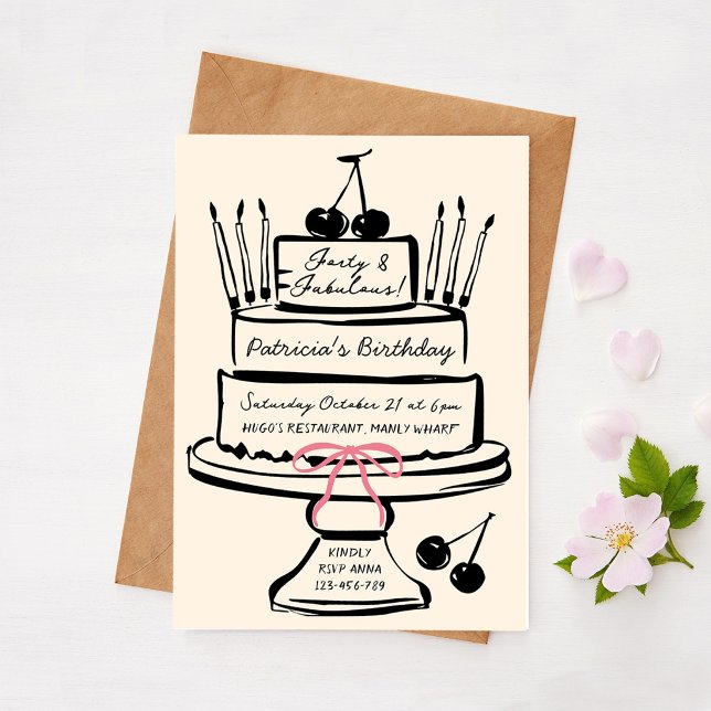 Forty & Fabulous, Hand drawn Contemporary Cake Invitation (Creator Uploaded)