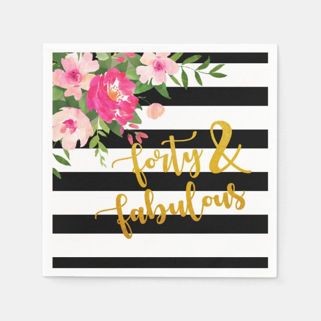 Forty & Fabulous Napkin - Black/White Stripes (Front)