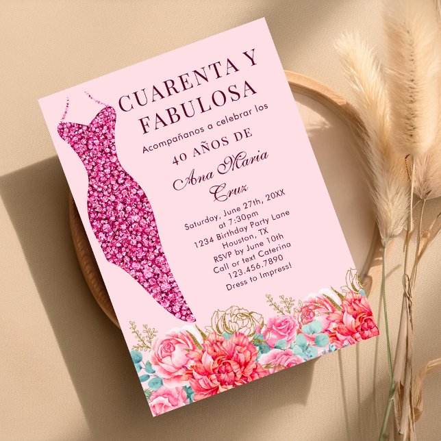 Forty & Fabulous Pink Floral Spanish 40th Birthday Invitation (Creator Uploaded)