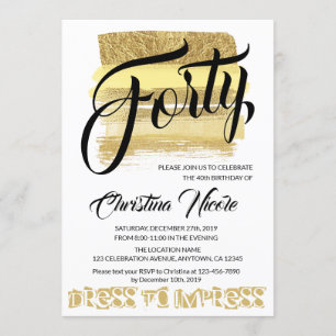 Forty Gold brush strokes Glam Birthday Party Women Invitation