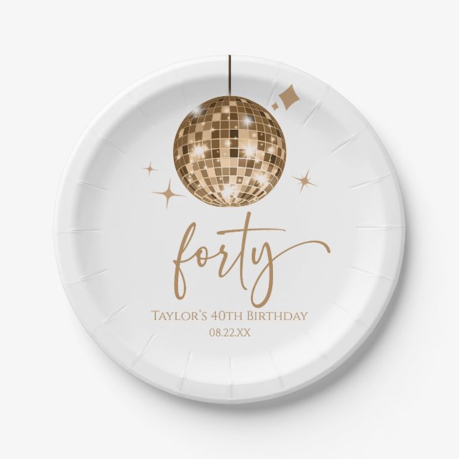 Forty Gold Disco Ball 40th Birthday Party Paper Plate (Front)