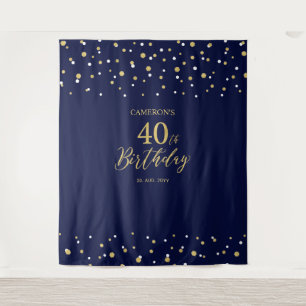 Forty   Gold & Navy 40th Birthday Party Backdrop Tapestry