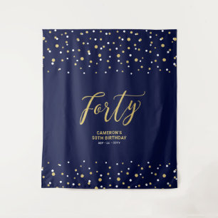 Forty   Gold & Navy 40th Birthday Party Backdrop Tapestry
