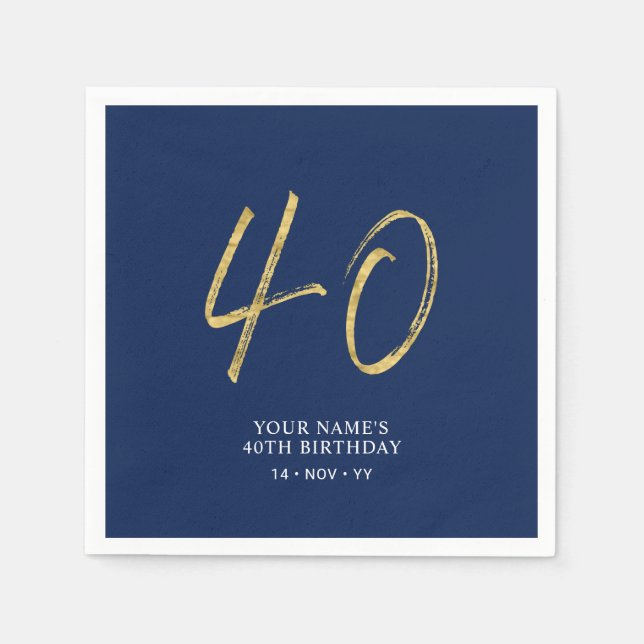 Forty | Gold & Navy Blue Lettering 40th Birthday Napkin (Front)